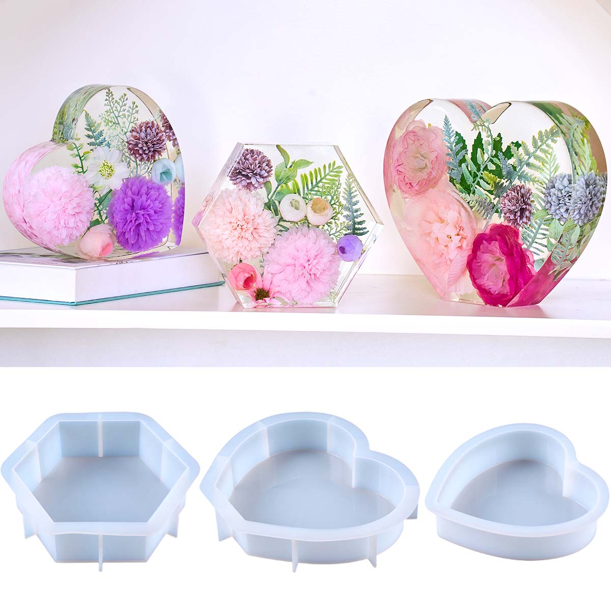 Embellishment Crafts - 大型愛シリコンモールド DIY ハート六角形エポキシ樹脂モールド花保存ブックエンド装飾品クラフト鋳造金型
