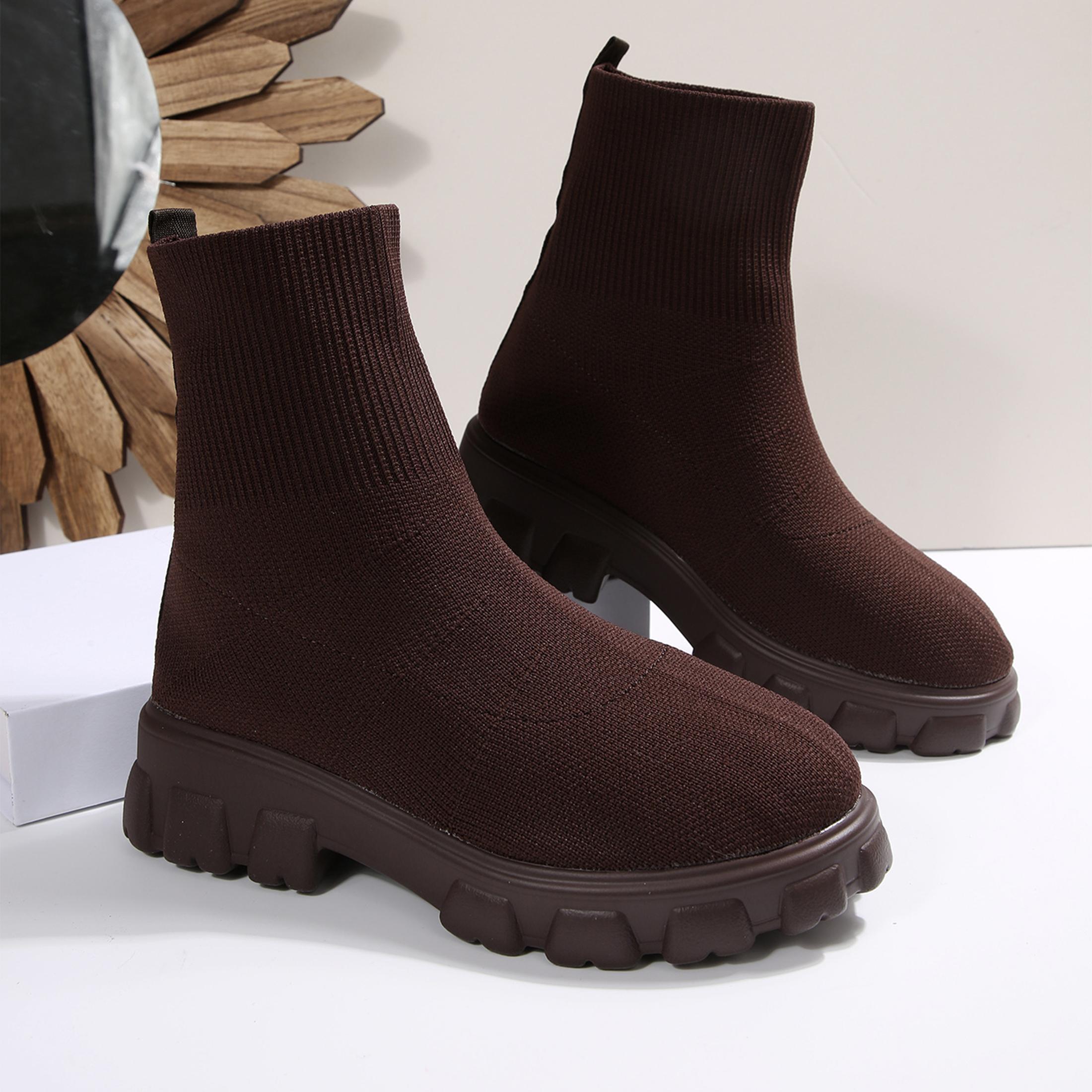 Embellish Knit - 女性用アンクルブーツ、快適なラウンドトゥ、スリップオン、ストレッチ、ソフト、チャンキーブロックヒール、ニットプラットフォームブーツ、パンクドレスソックスブーツ