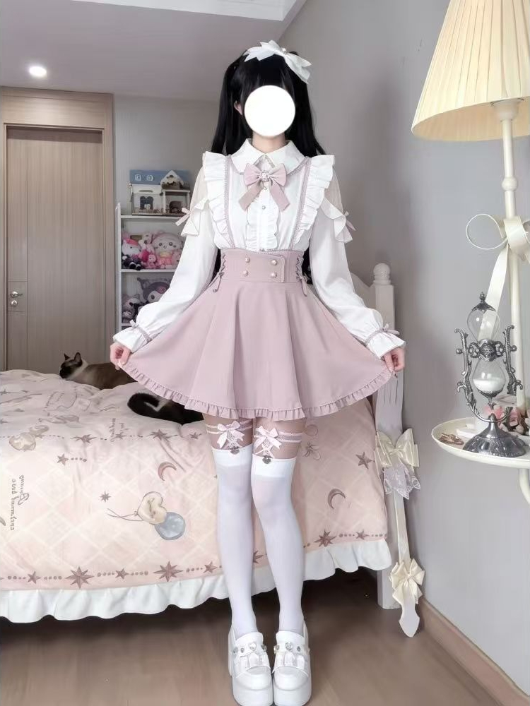日本のスイートロリータ2ピースセット、女性用コールドショルダ - Elastic Lace Trim のレビューと価格