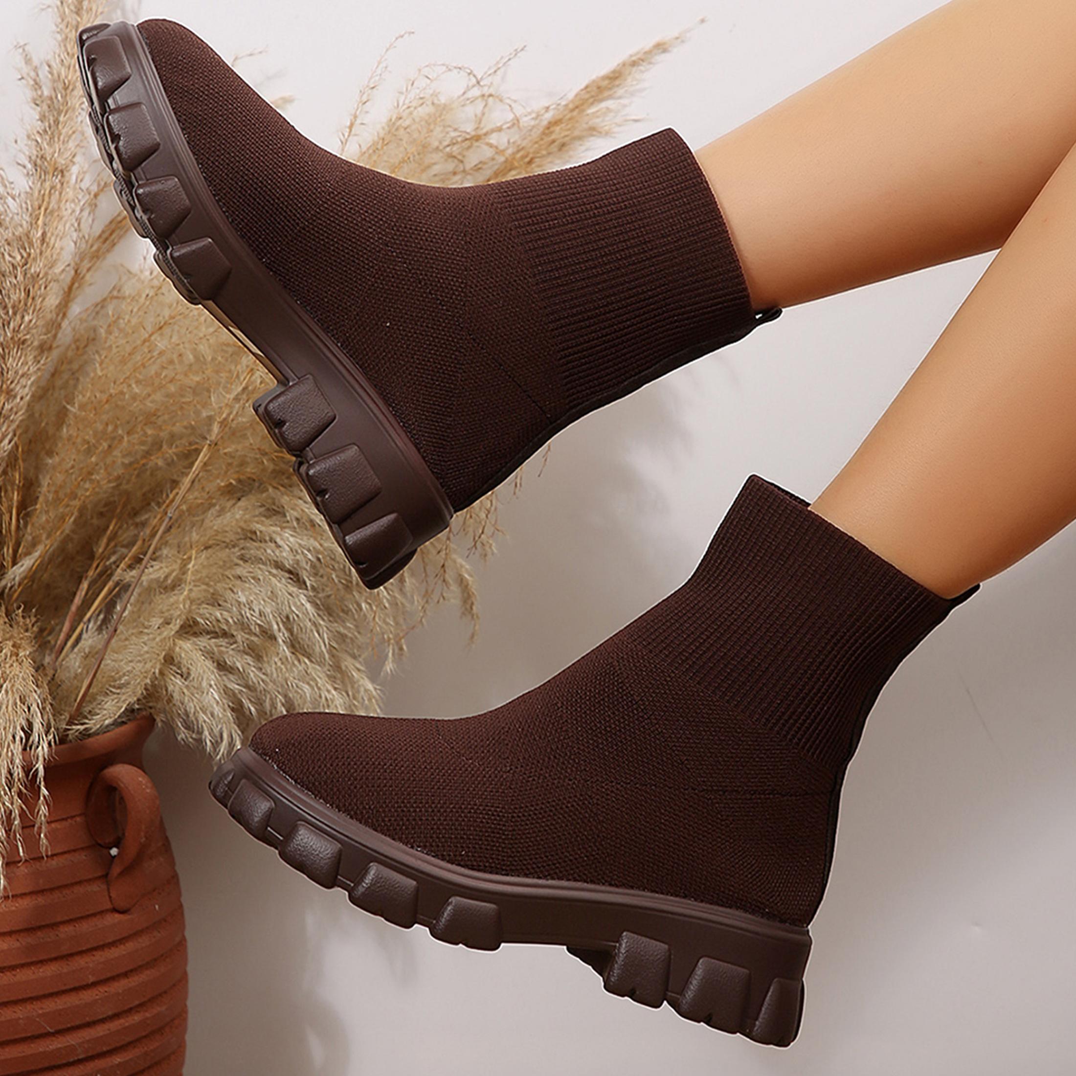 女性用アンクルブーツ、快適なラウンドトゥ、スリップオン、スト - Embellish Knit のレビューと価格